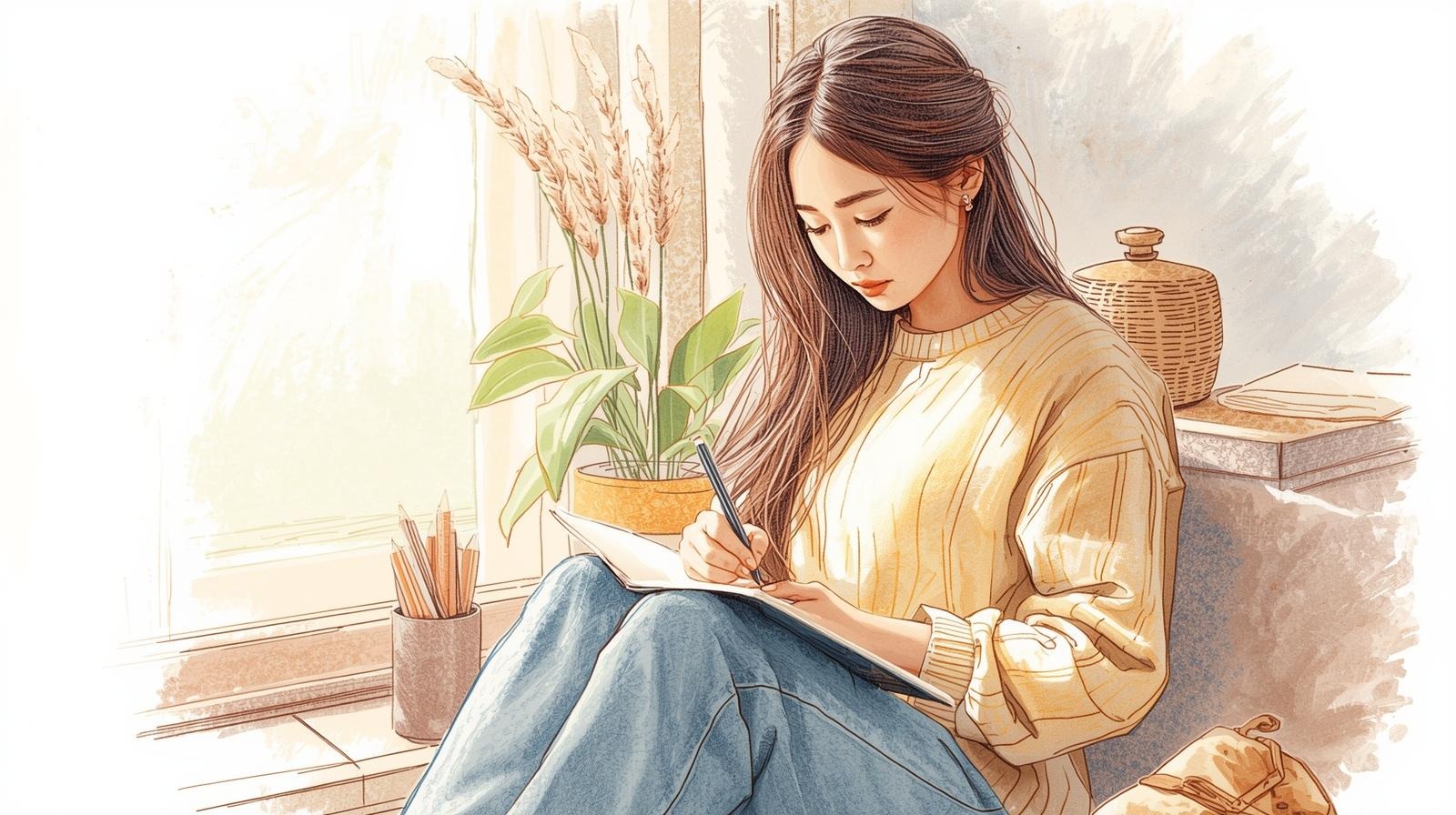 letter to my body journal writing scene: a woman sitting by a sunlit window, writing in a notebook with plants nearby.