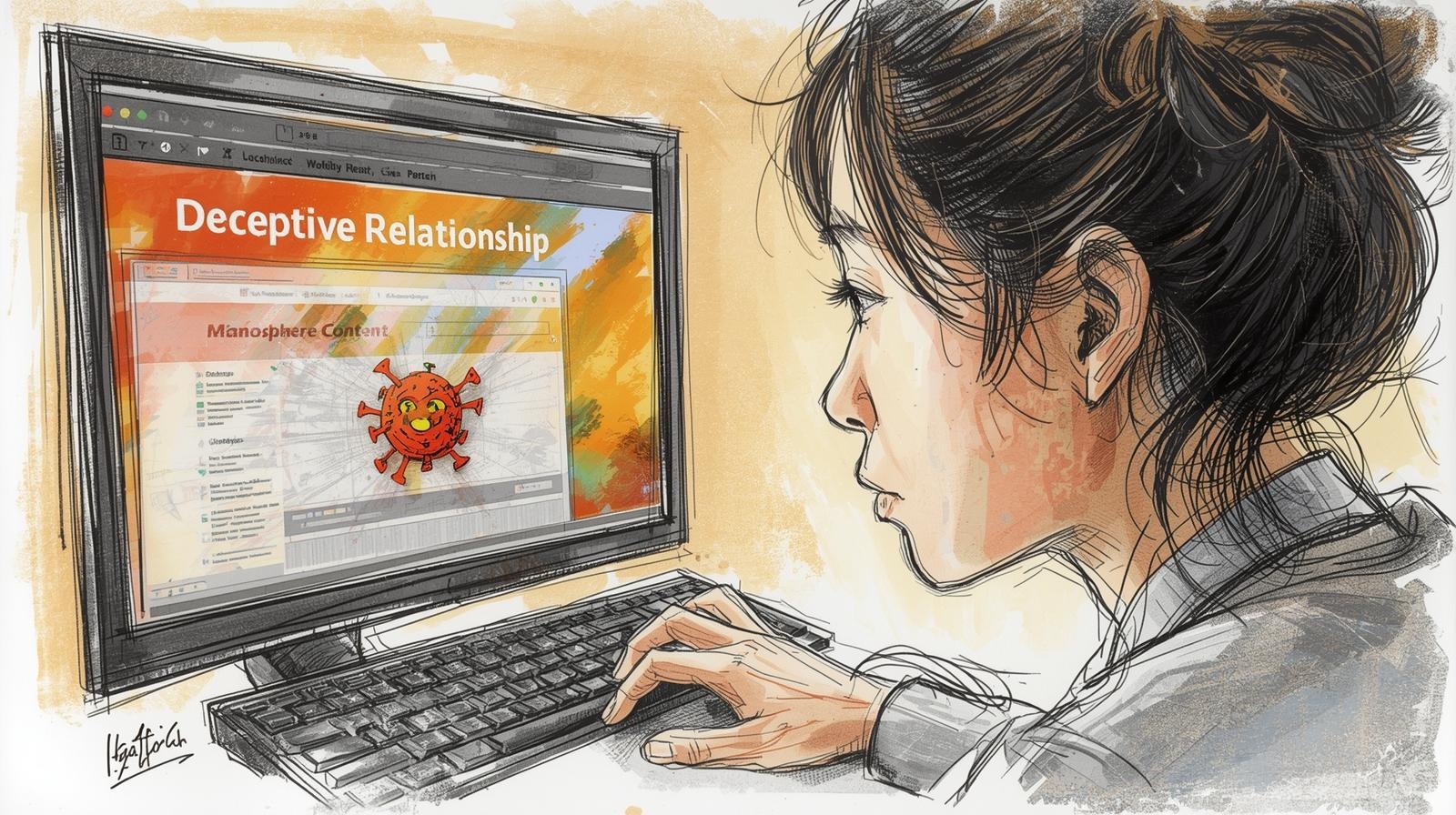 Woman at a computer viewing manosphere content on screen with a virus icon, suggesting relationship “virus” and emotional manipulation.