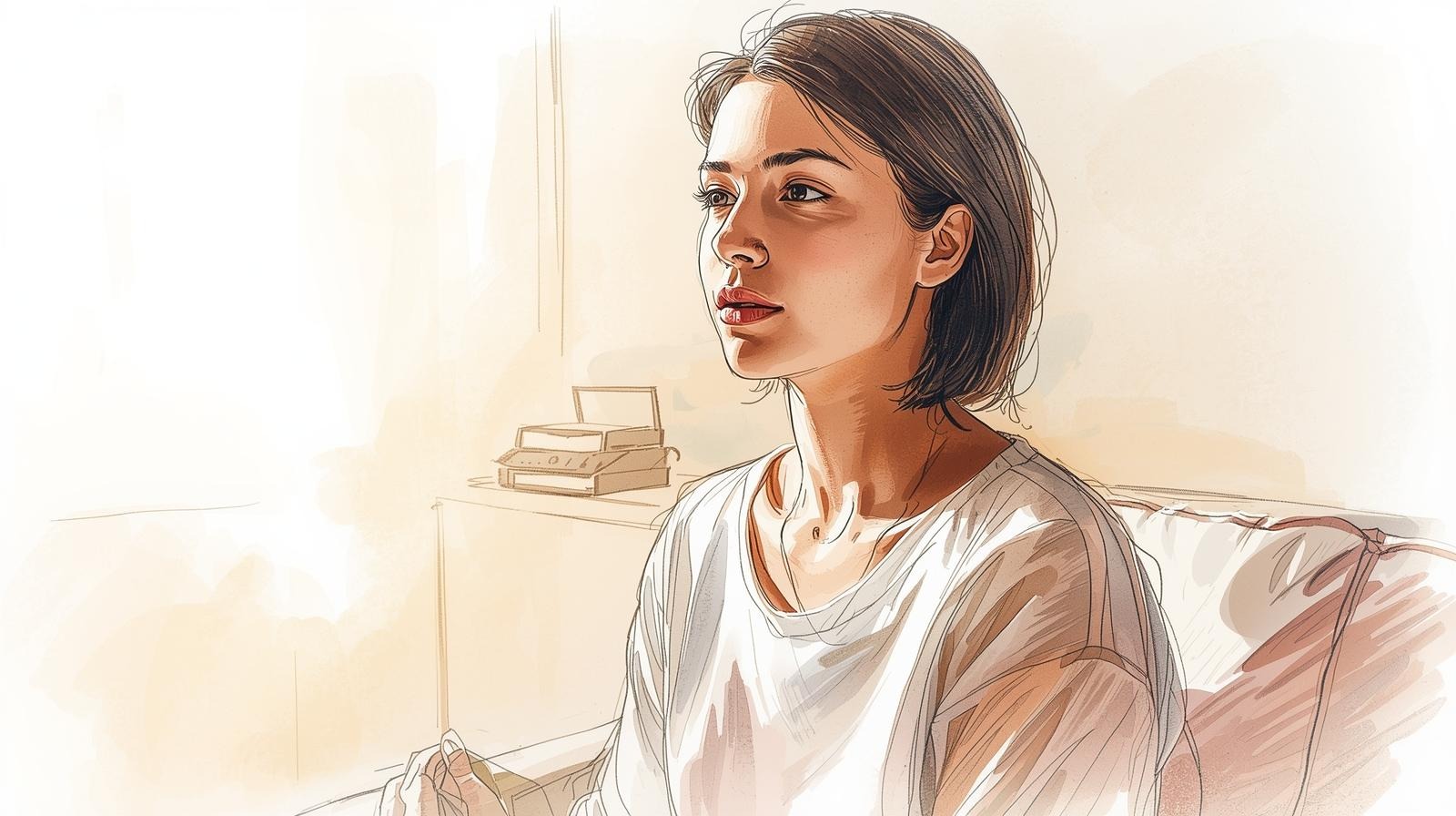 Illustration of a thoughtful woman noticing subtle mood shifts—mood scanning people in a quiet room.