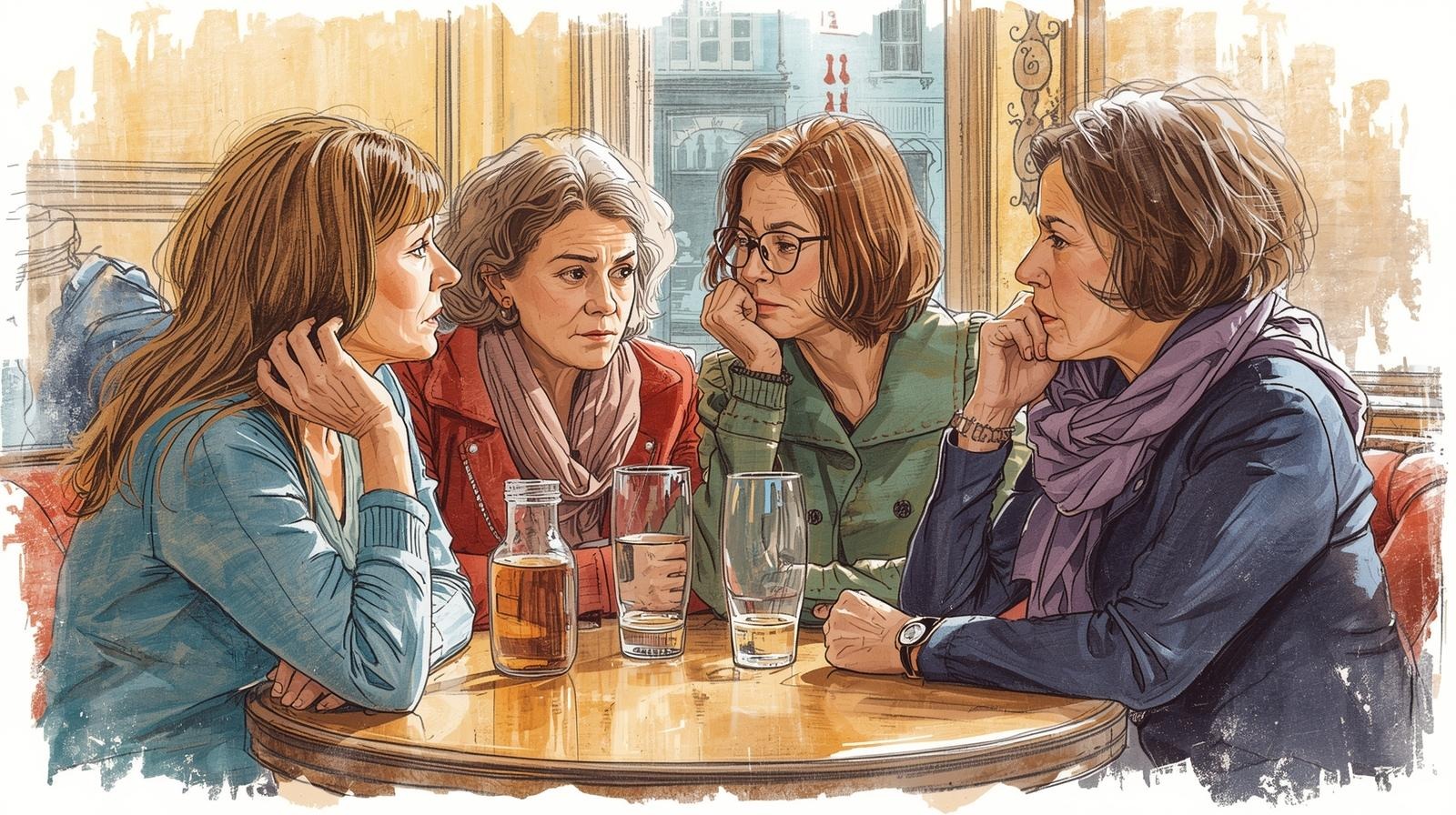 Illustration of four women in a café having a serious, supportive conversation about midlife silence and emotional disconnection.