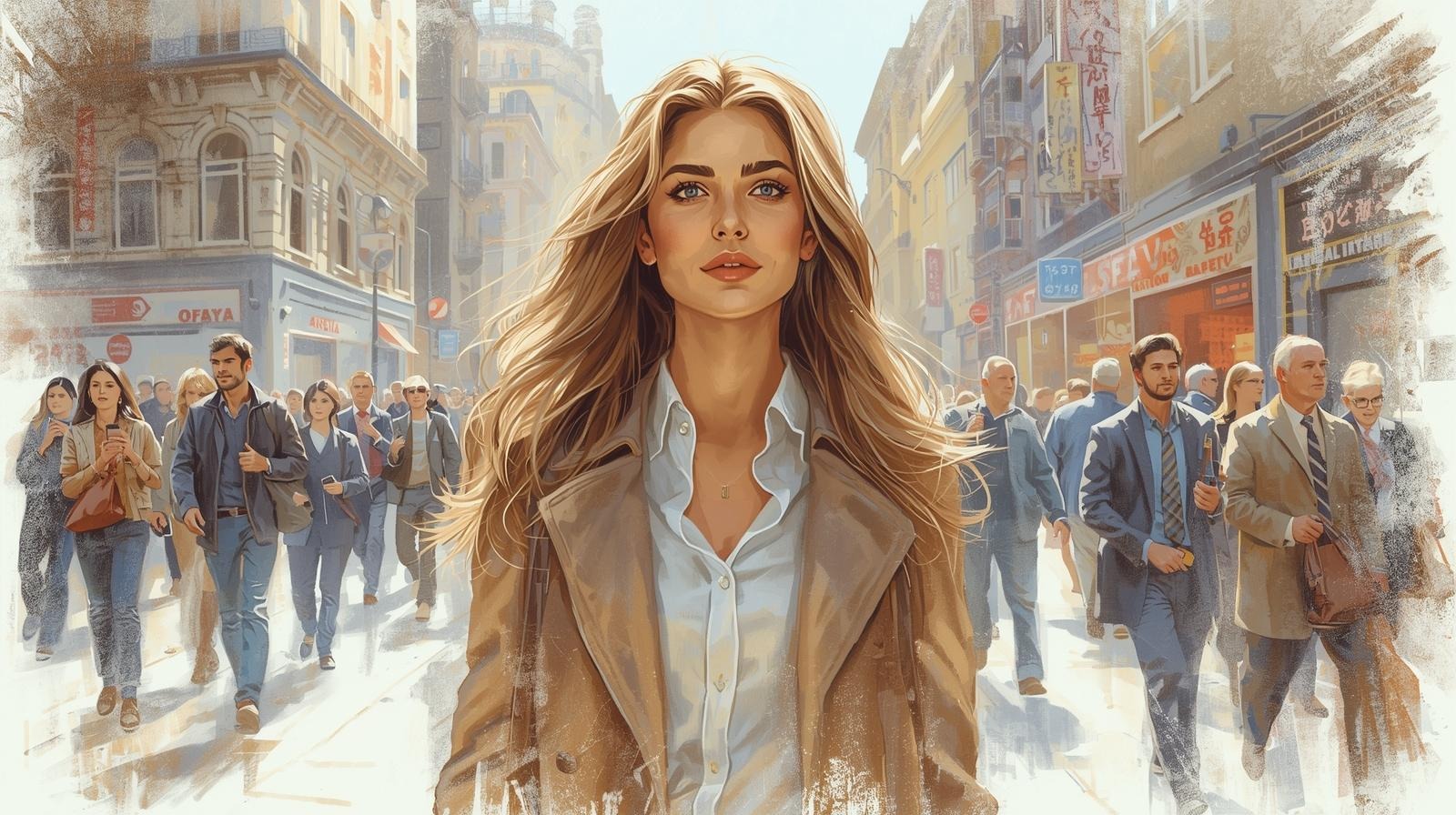 Safety isn’t paranoia: The psychology of female precaution and the art of feeling safe without shrinking Your life 1 Illustration of a confident woman walking through a busy city street, staying alert and aware of her surroundings—female precaution and safety.