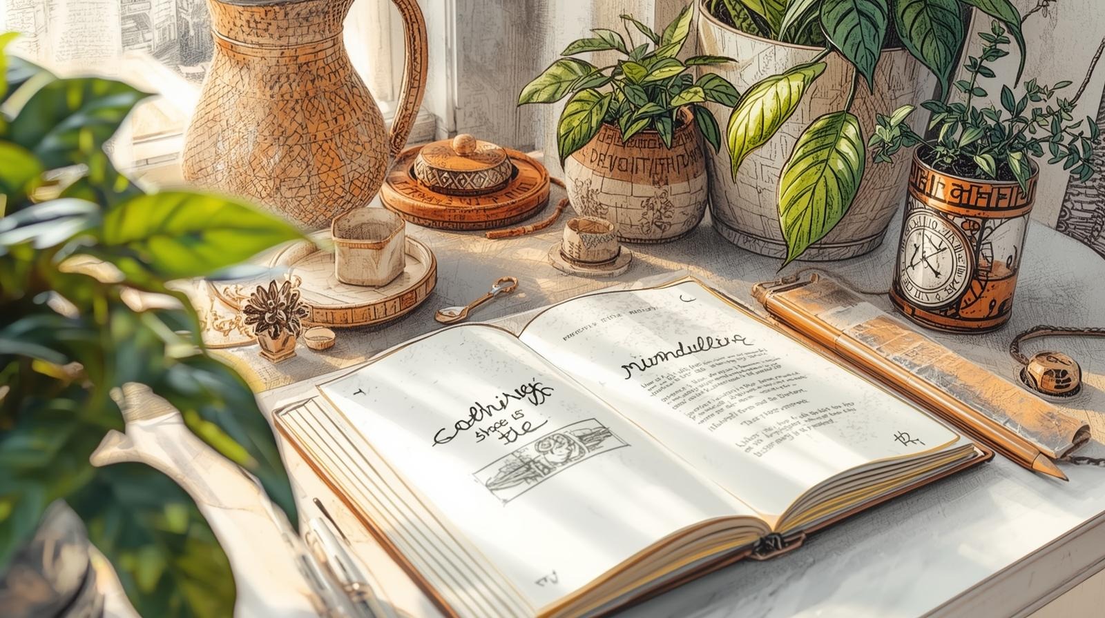 Sunlit desk setup for an analog room reset with an open journal, pencil, tea cup, and houseplants in a calm, screen-free space.