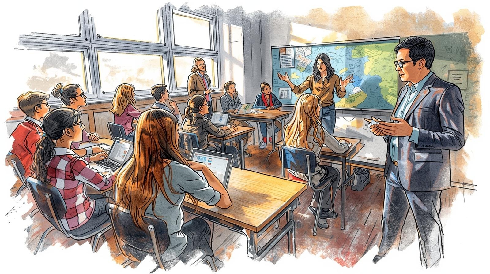 Schoolyard spillover: Dangerous online myths in classrooms — The ultimate Words of Power guide 1 : Illustration of a classroom discussion where teachers guide students to fact-check an online myths on laptops and a map board.