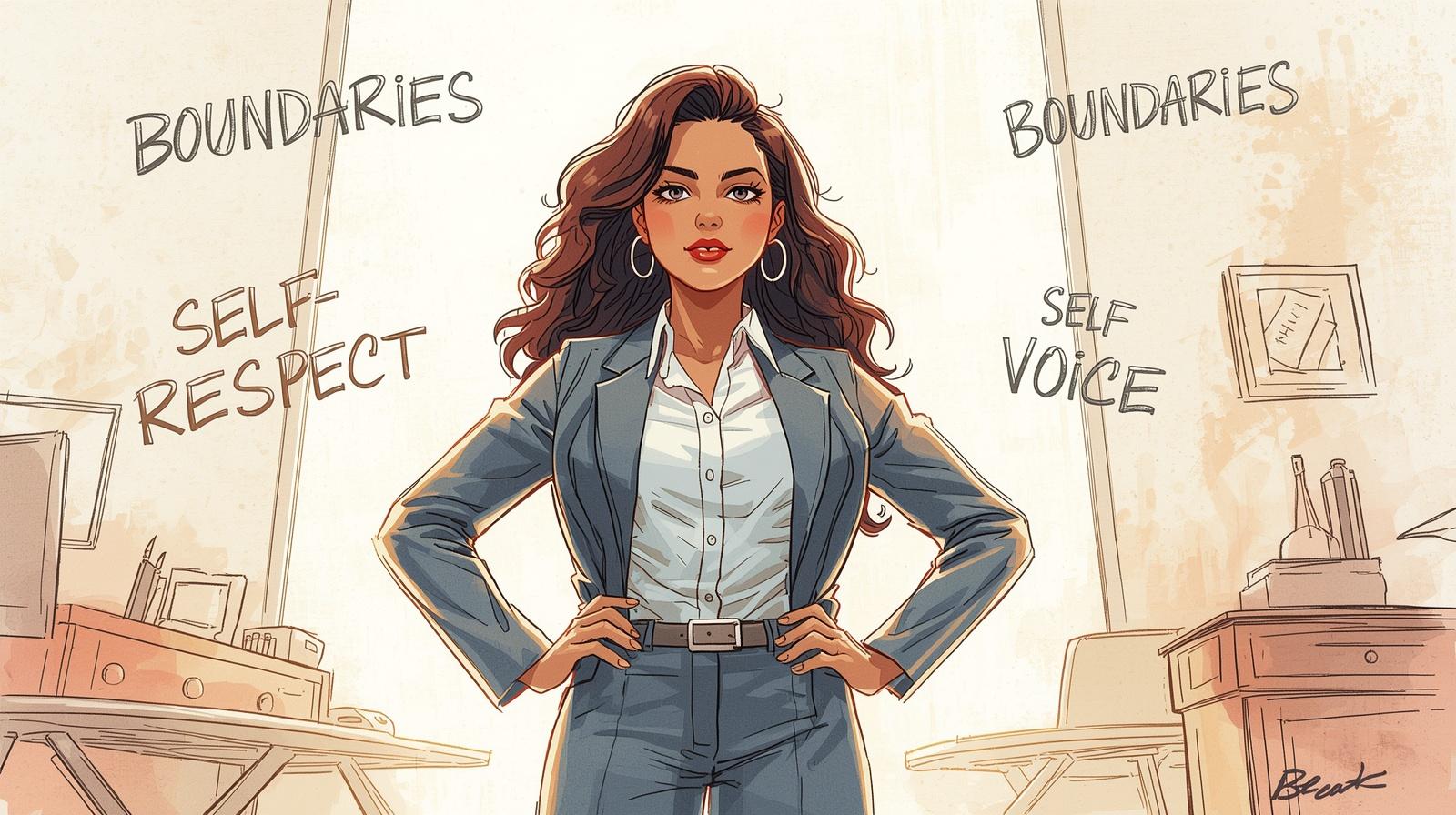 Illustration of a confident woman in a suit standing in an office with words like boundaries, self-respect, and self-voice, representing power phrases for women.