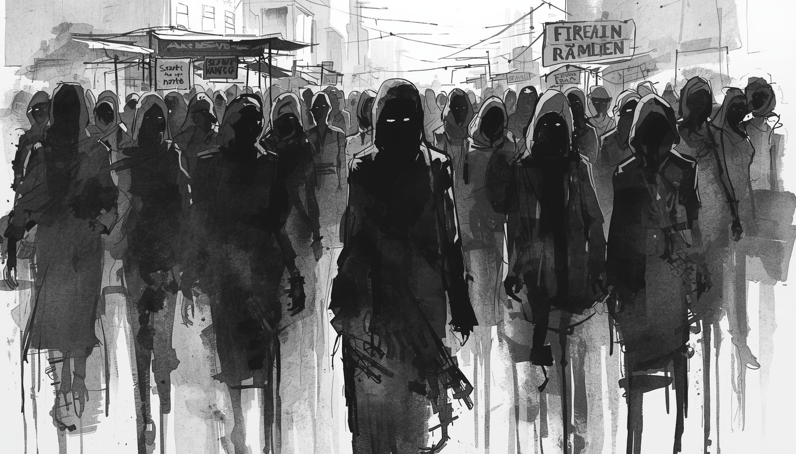 Shadowy hooded figures walking through a grayscale city scene, creating an unnoticeably haunting and dystopian mood.