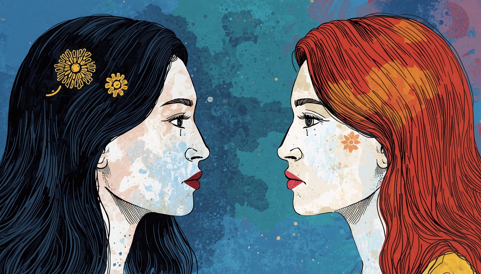 Two illustrated women facing each other, symbolizing emotional intelligence, the empathy trap, and the hidden emotional standards women are judged by.