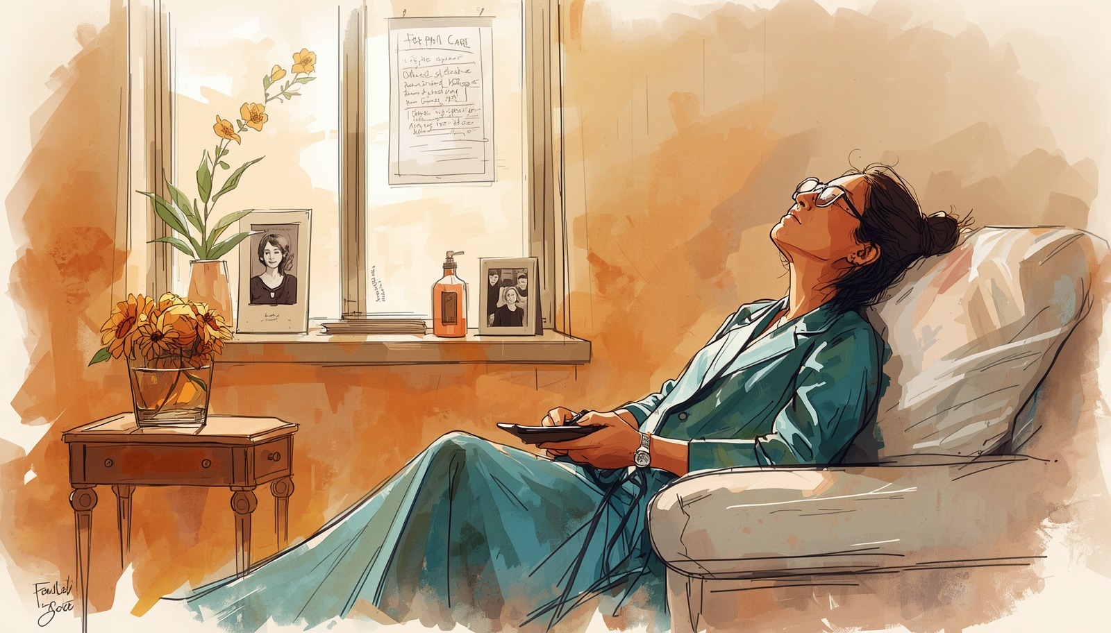 Woman resting in a chair during family caregiving, learning to stay calm while managing emotional stress and care responsibilities.