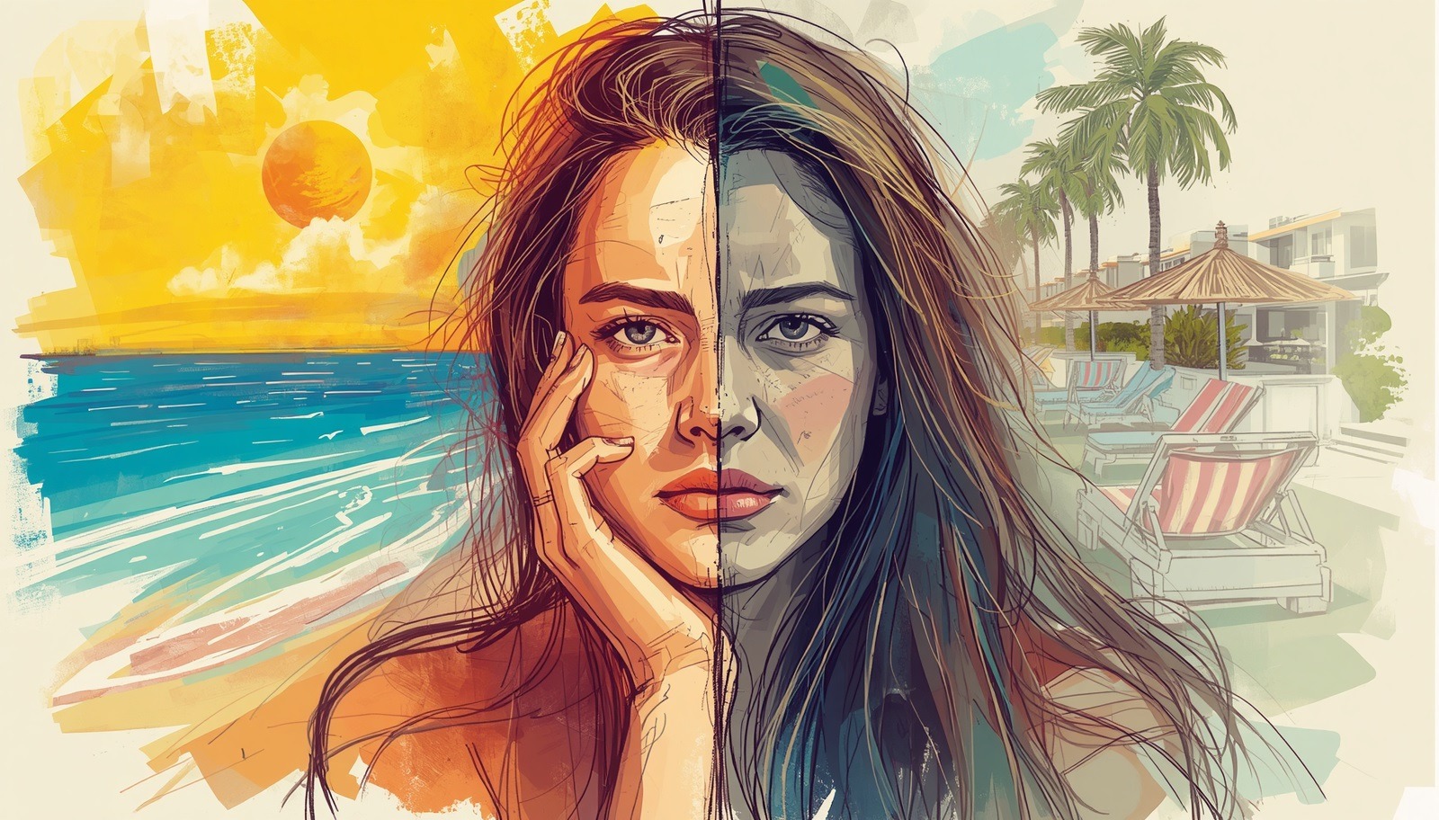 Illustrated split portrait of a woman showing the contrast between bright summer beach imagery and hidden summer sadness.