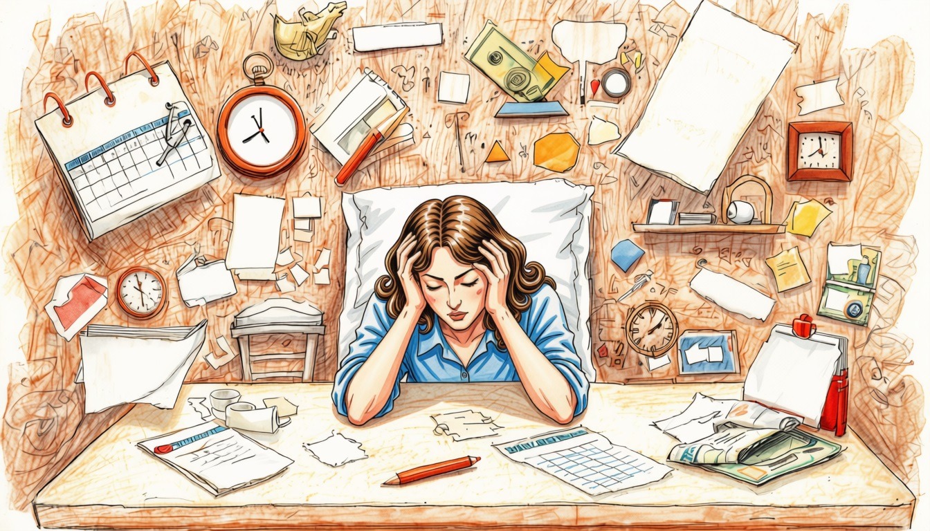 Overwhelmed woman sitting at a desk surrounded by bills, calendars, clocks, and recurring expenses, illustrating monthly payment stress in modern adulthood.