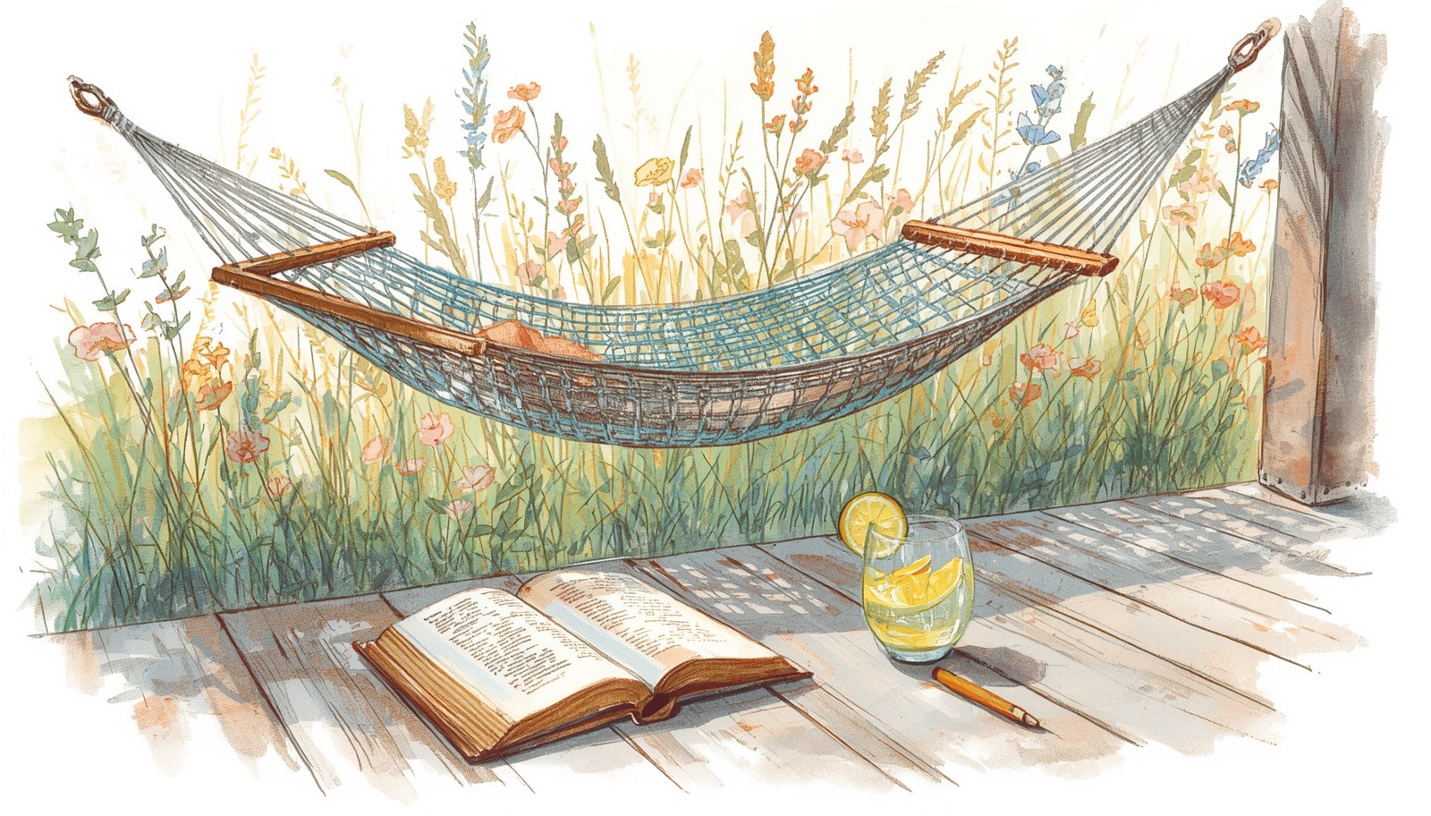 Watercolor illustration of a quiet hammock in a summer garden with an open book and lemon drink, symbolizing an uneventful summer and gentle healing.