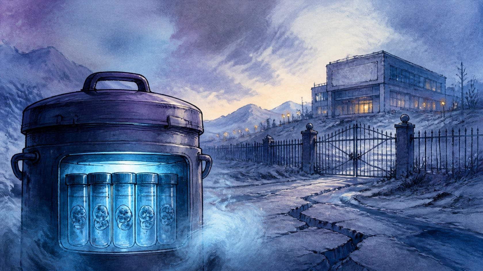 Watercolor illustration of frozen embryos in a cryogenic storage tank beside a locked gate leading to an overseas IVF clinic.