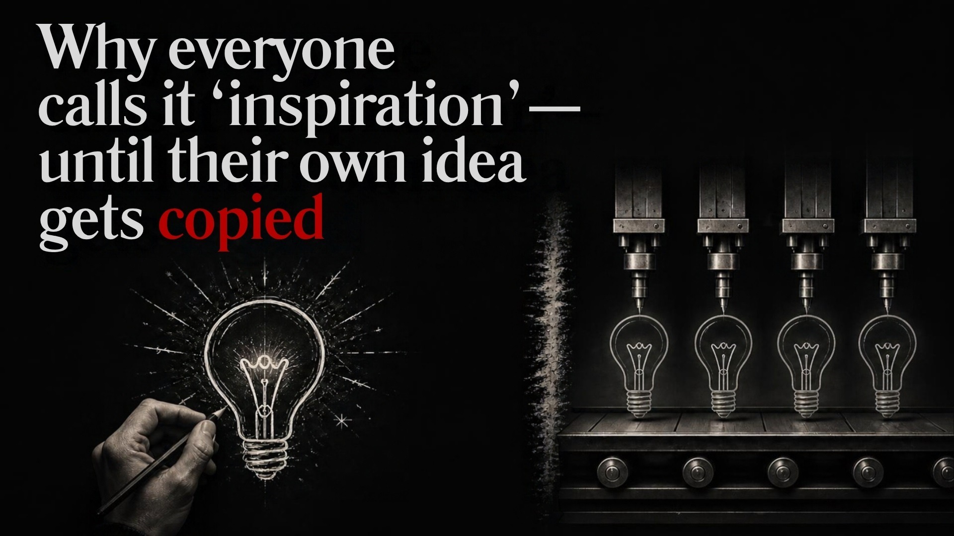 A hand draws a glowing light bulb beside a machine producing identical bulbs, illustrating inspiration versus copying and idea theft.